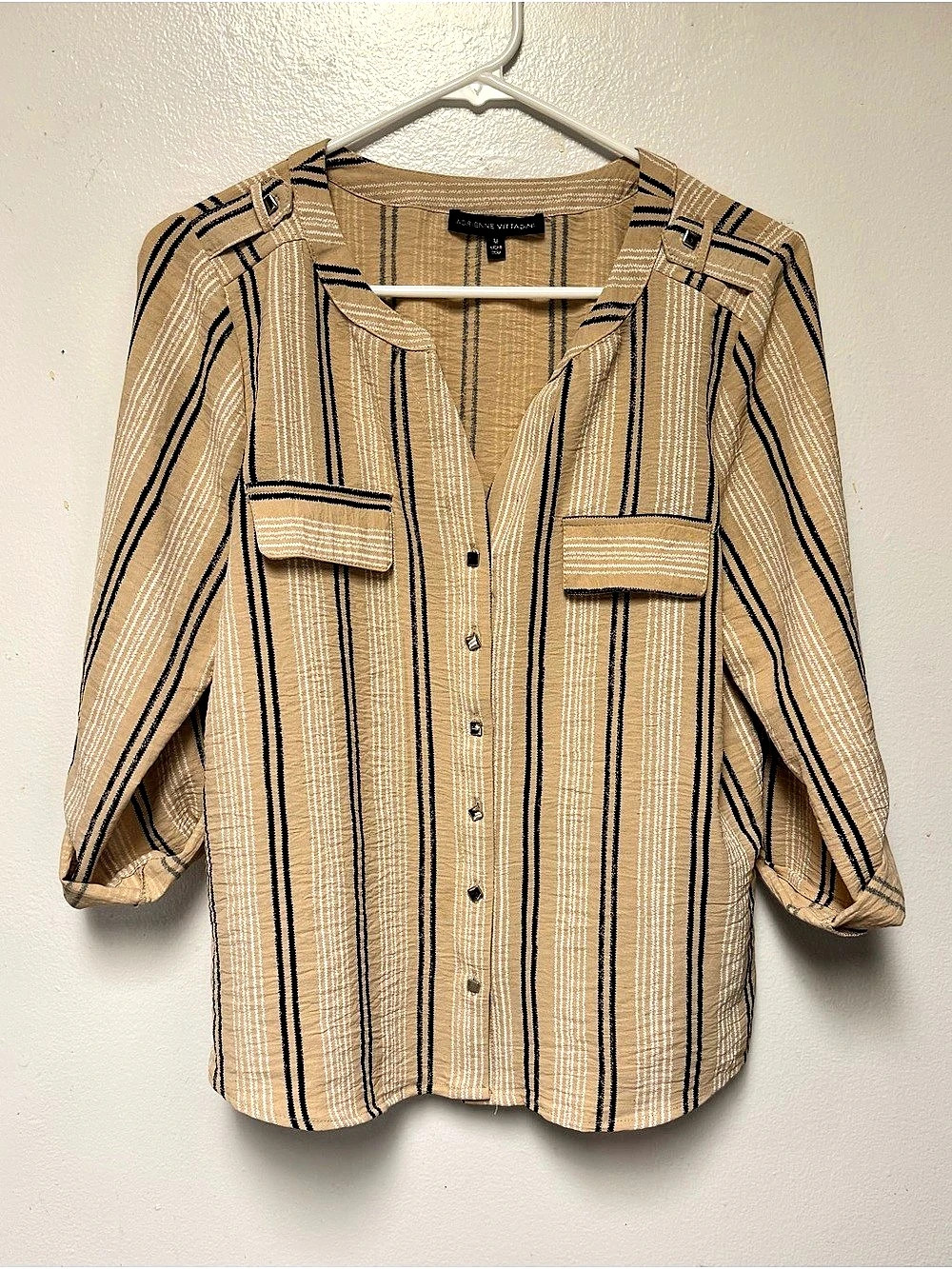 Adrienne Vittadini Striped Blouse in Tan & Black Size Medium